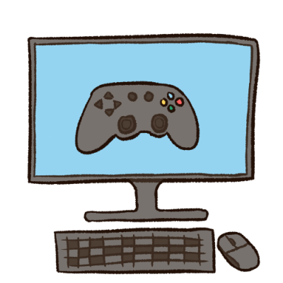 blue computer screen with a generic grey video game controller on it, with a keyboard and mouse below
